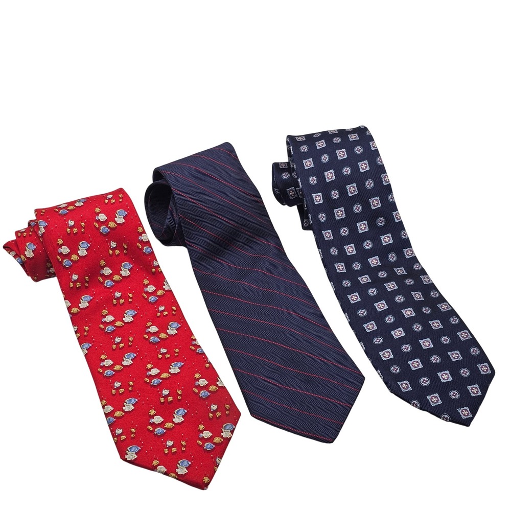 Brooks Brothers Silk Tie Lot 3pc OS Navy Red Geometric Striped Fish Preppy Ivy
